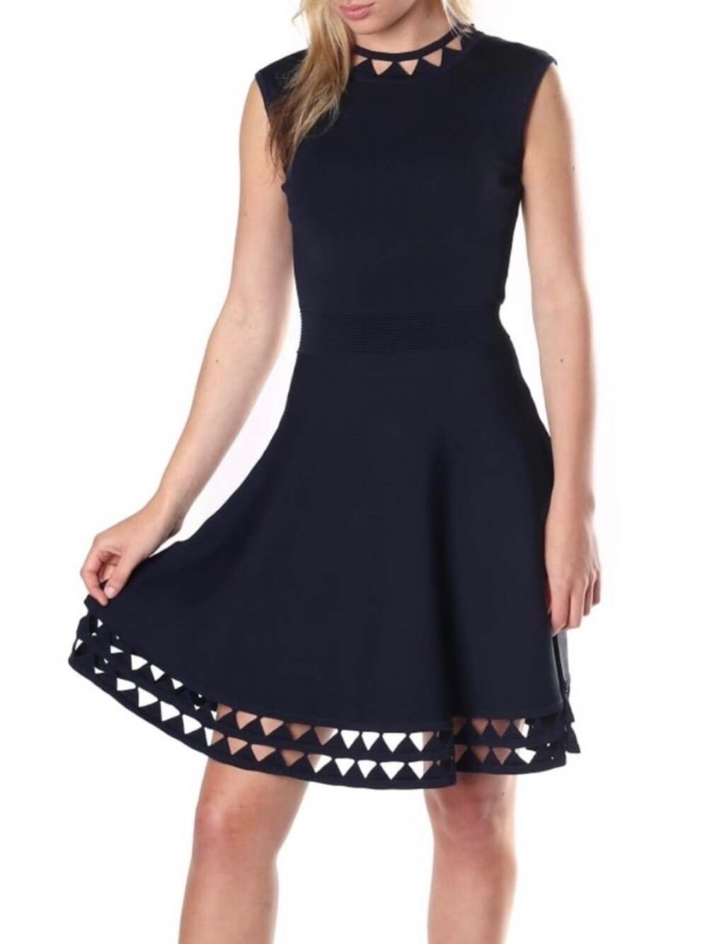 Ted Baker Mini Dress Navy Blue Kathryn Cutwork Knitted Skater Sleeveless size 3